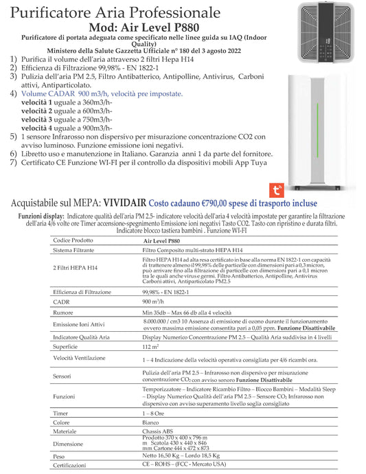 Purificatore d’aria professionale “Air Level P880”  con 2 filtri HEPA H14