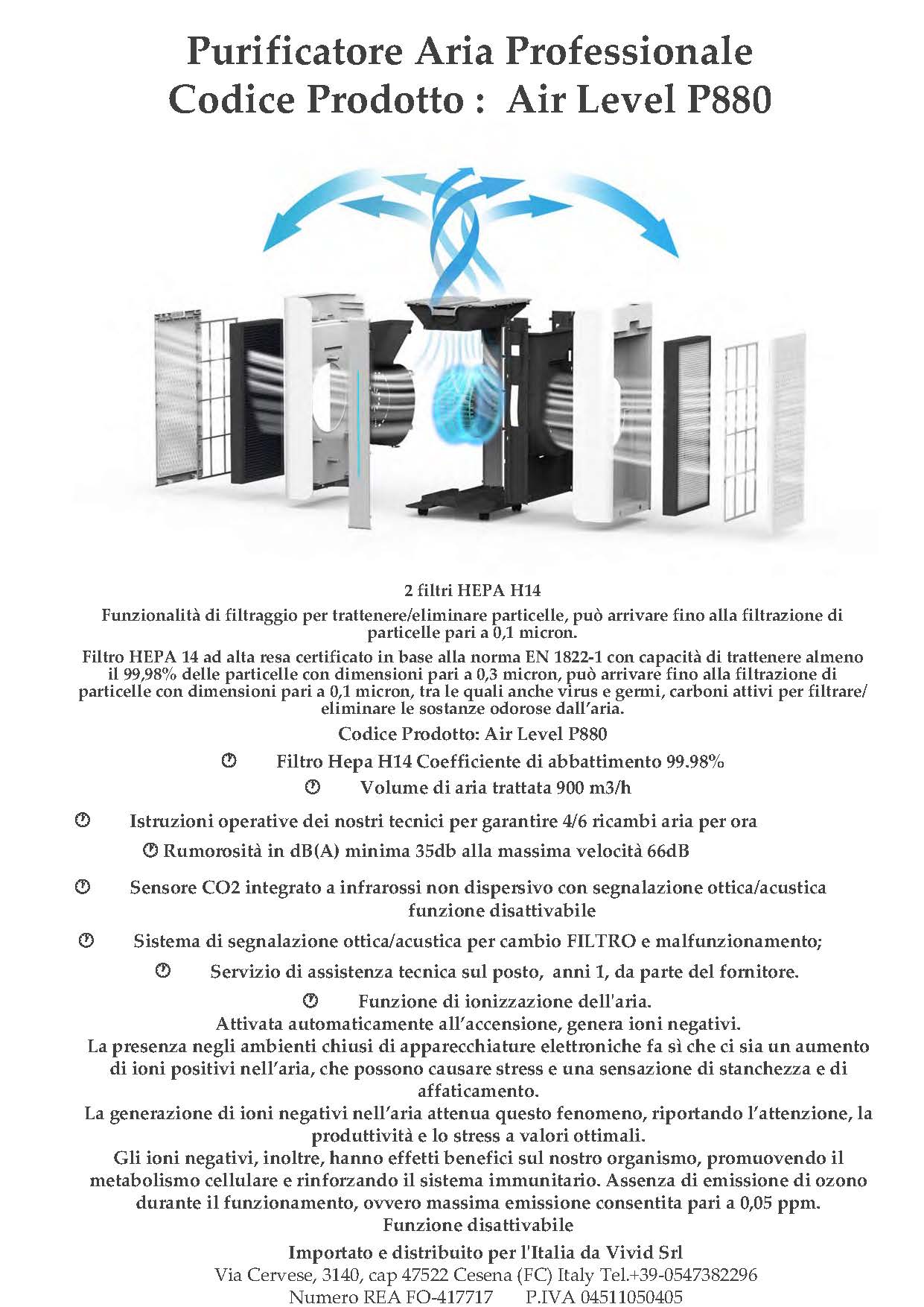 Purificatore d’aria professionale “Air Level P880”  con 2 filtri HEPA H14